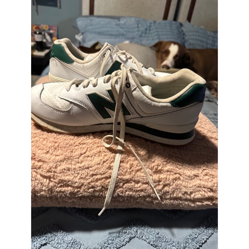 New Balance 574 Mens White Green Leather Low Top Sneakers - Picture 3 of 5